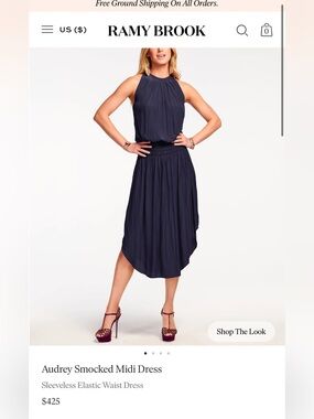 Ramy Brook Audrey Smocked Midi Dress in Navy *Never Worn, NWT*